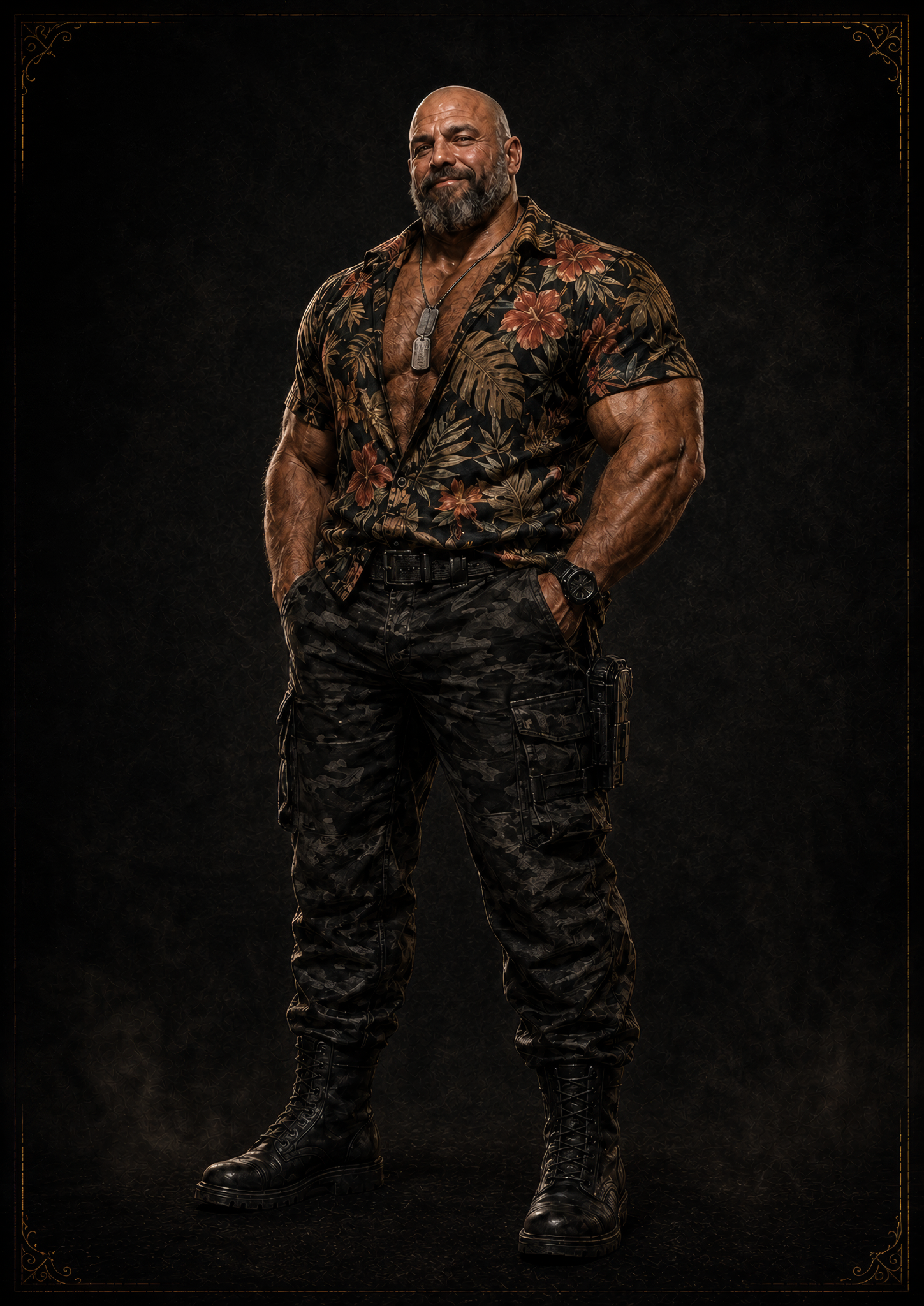 Atlas standing in a dark floral shirt, field trousers, and combat boots.