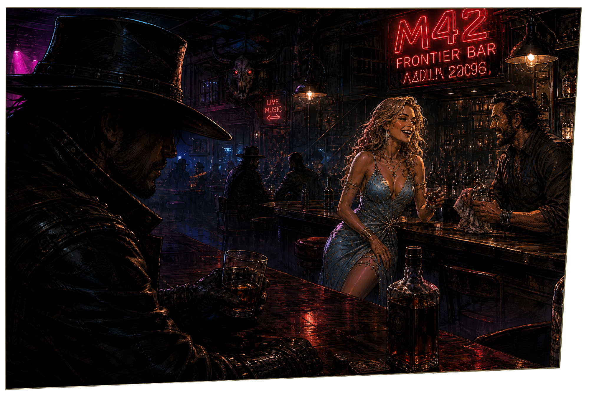 Orion watches Astra Vale charm the bartender inside the neon-lit M42 frontier bar.