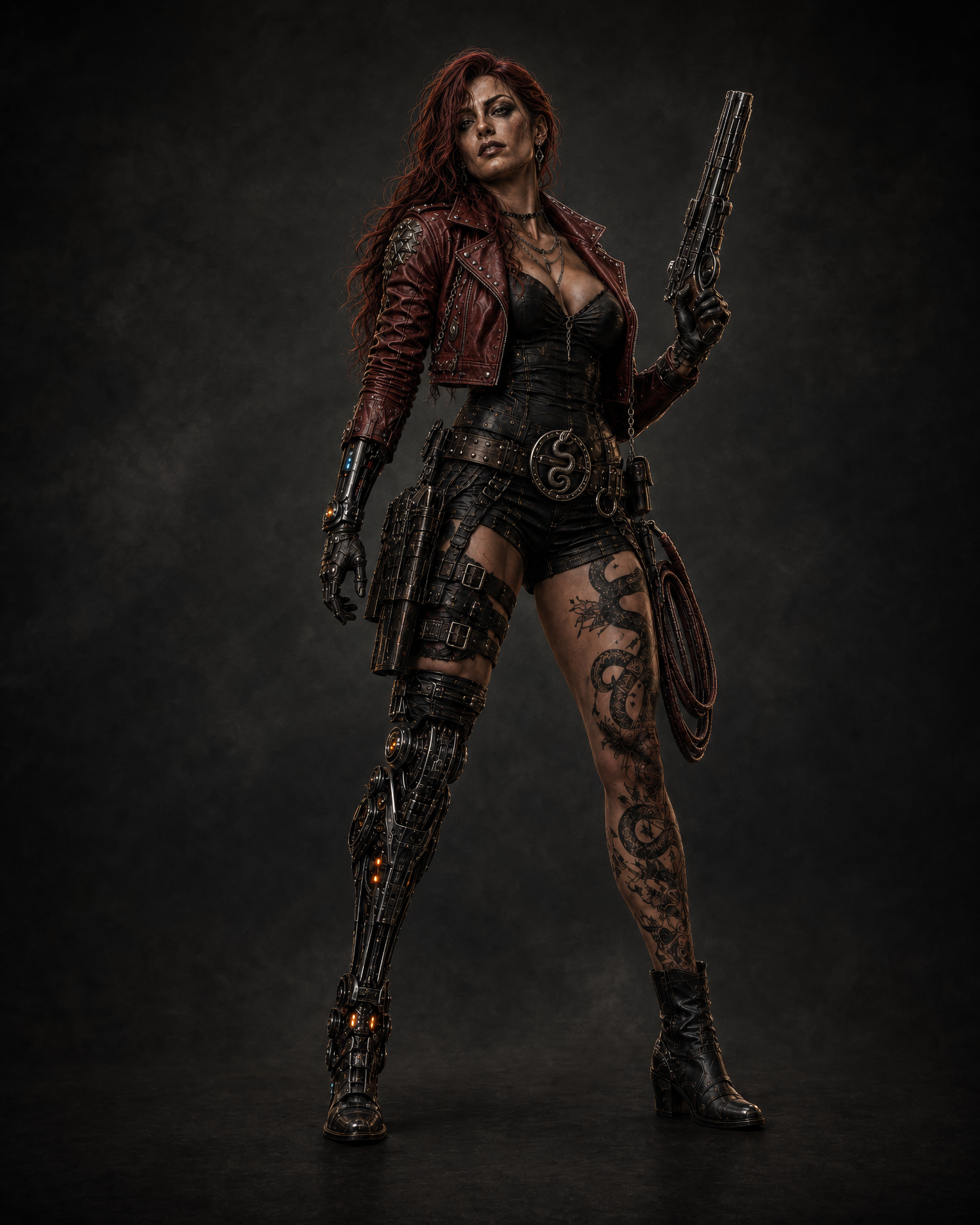 Vexa standing with extensive cybernetic limbs, a red leather jacket, and a pistol.